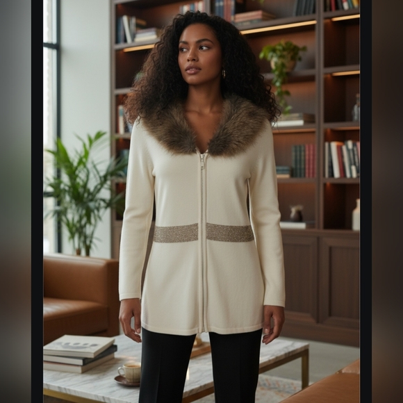 NWT Belldini Los Angeles Ivory Full Zip Cardigan Small Faux Fur Collar Y2K Glam - Picture 3 of 8